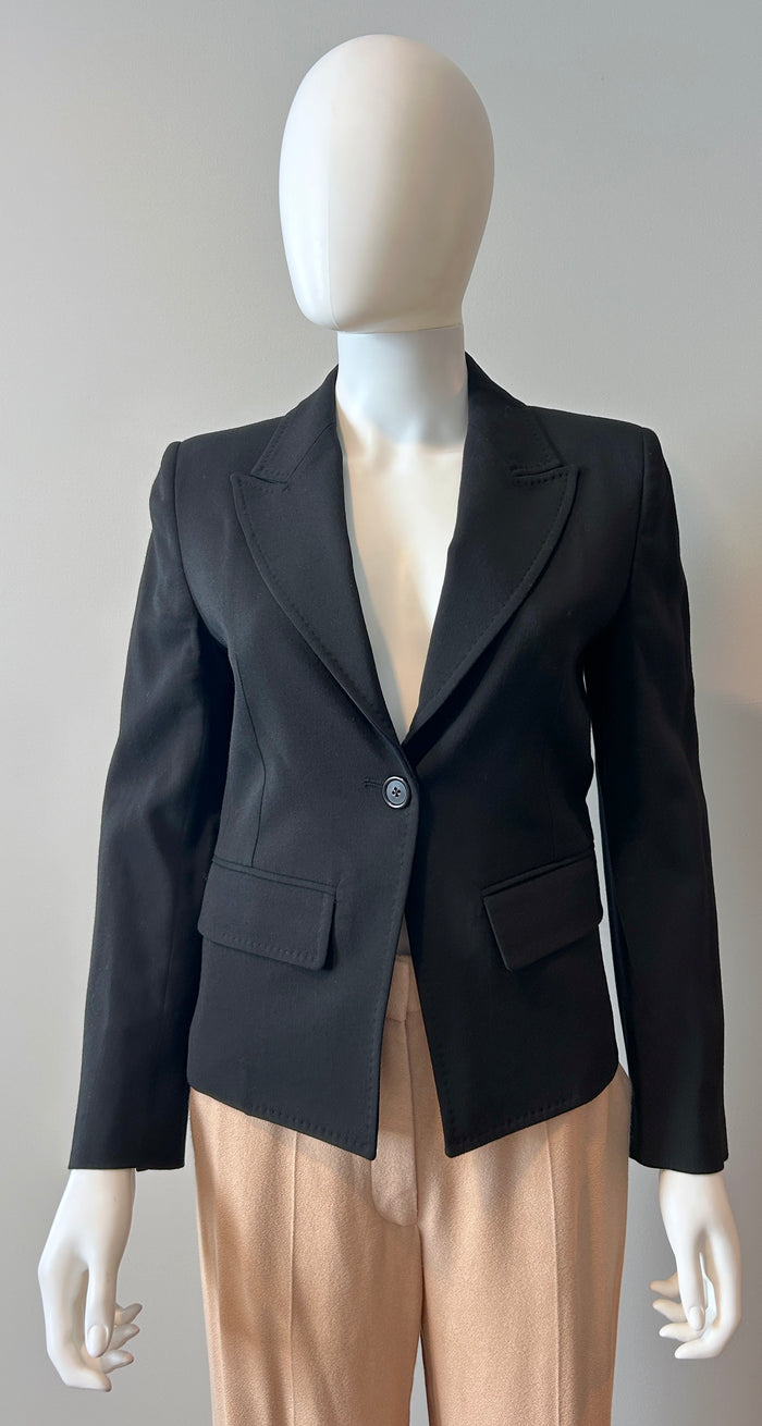 Black Ann Demeulemeester 2-way blazer in size 34/2, tailored fit, shown on a hanger, featuring sleek design and classic style.