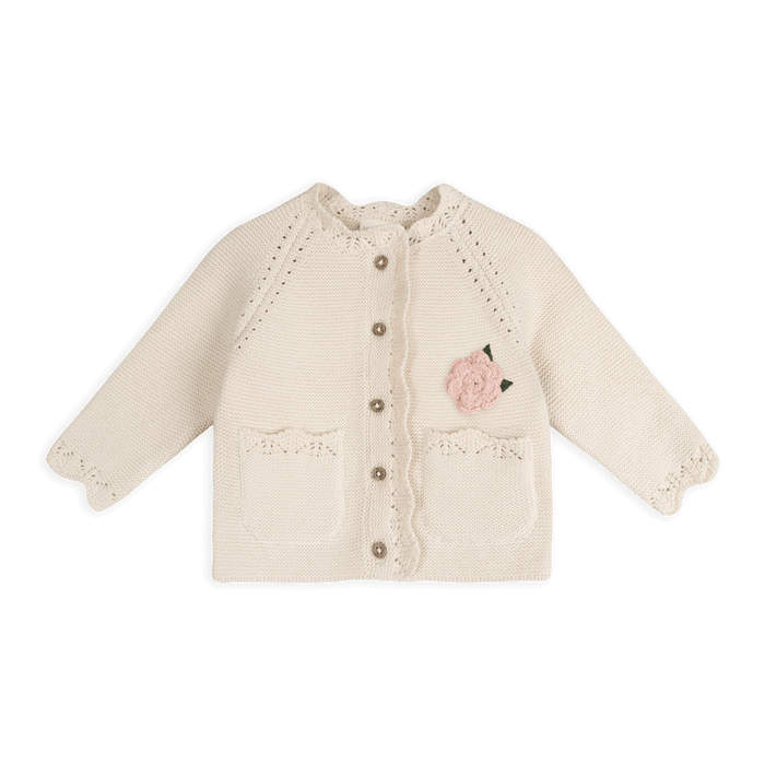 Anna Crochet Flower Knit Baby Cardigan, Organic Cotton