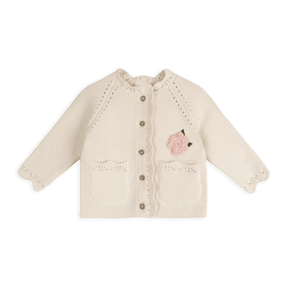Anna Crochet Flower Knit Baby Cardigan, Organic Cotton