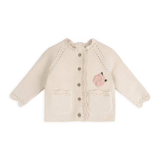 Anna Crochet Flower Knit Baby Cardigan, Organic Cotton