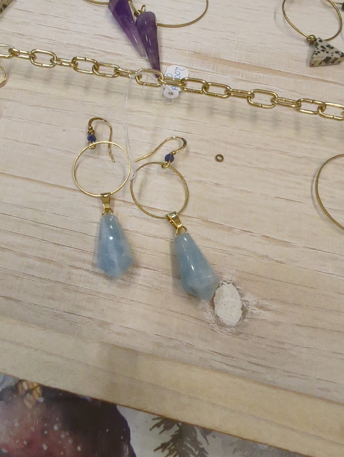 Skimming Stones Jewelry aquamarine prism and lapis gemstone hoop earrings with silver hooks, elegant and colorful jewelry design