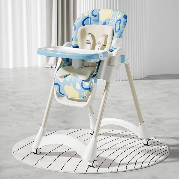 Baby High Chair | Adjustable Height | Removable Tray | Safety Harness | Wheels - Blue Geometric