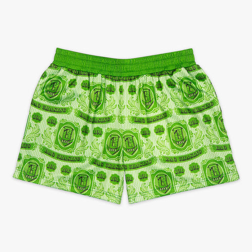 Shorts with “Bag Chaser” design — front view
