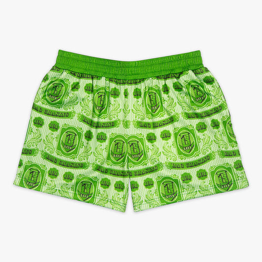 Shorts with “Bag Chaser” design — front view