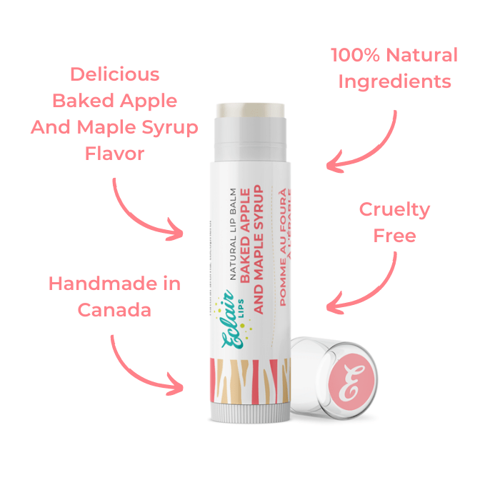 Lip balm tube with text and flavor information.