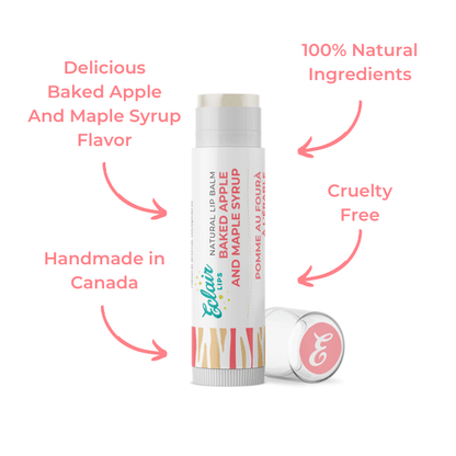 Lip balm tube with text and flavor information.