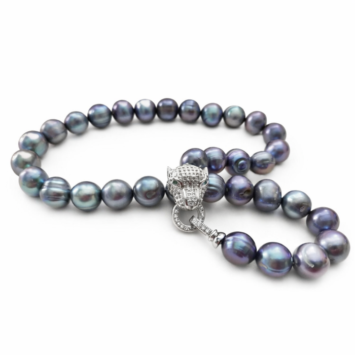 Baroque AAAA+ 10-11mm Natural Haiti Black Blue Pearl Necklace with Panther Clasp