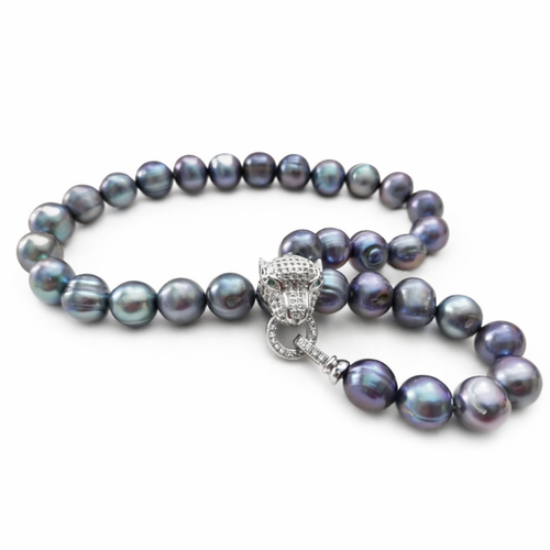 Baroque AAAA+ 10-11mm Natural Haiti Black Blue Pearl Necklace with Panther Clasp