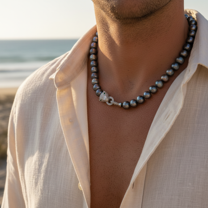 Baroque AAAA+ 10-11mm Natural Haiti Black Blue Pearl Necklace with Panther Clasp