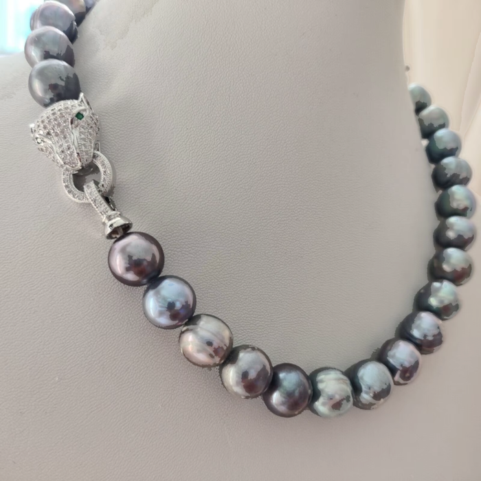 Baroque AAAA+ 10-11mm Natural Haiti Black Blue Pearl Necklace with Panther Clasp