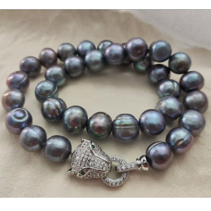 Baroque AAAA+ 10-11mm Natural Haiti Black Blue Pearl Necklace with Panther Clasp