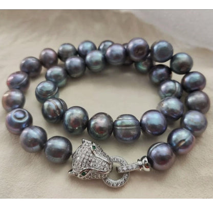 Baroque AAAA+ 10-11mm Natural Haiti Black Blue Pearl Necklace with Panther Clasp