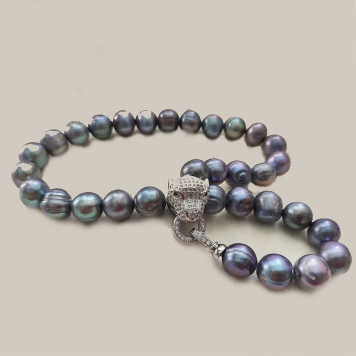 Baroque AAAA+ 10-11mm Natural Haiti Black Blue Pearl Necklace with Panther Clasp