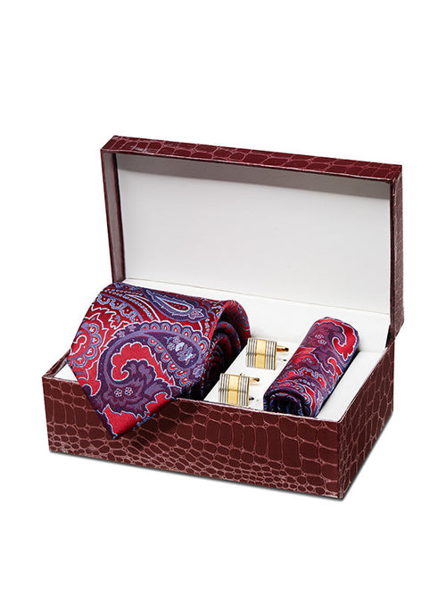 Bartoli All Over Medium Maroon Silk Tie With Steel Cufflink And Matching Pocket Square