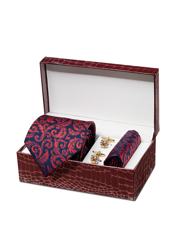 Bartoli All Over Medium Maroon Silk Tie With Steel Cufflink And Matching Pocket Square