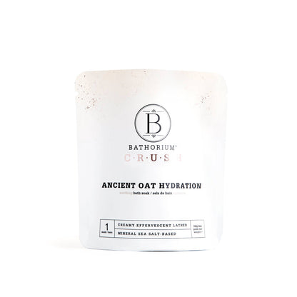 Bathorium Ancient Oat Hydration Crush Bath Soak in 120g jar, featuring oats and natural ingredients for soothing, hydrating bath experience.