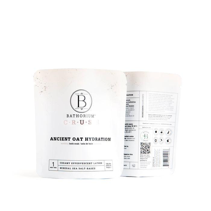 Bathorium Ancient Oat Hydration Crush Bath Soak in 120g jar, showcasing the soothing beauty product with oats and natural ingredients.