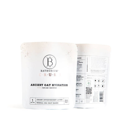 Bathorium Ancient Oat Hydration Crush Bath Soak in 120g jar, showcasing the soothing beauty product with oats and natural ingredients.