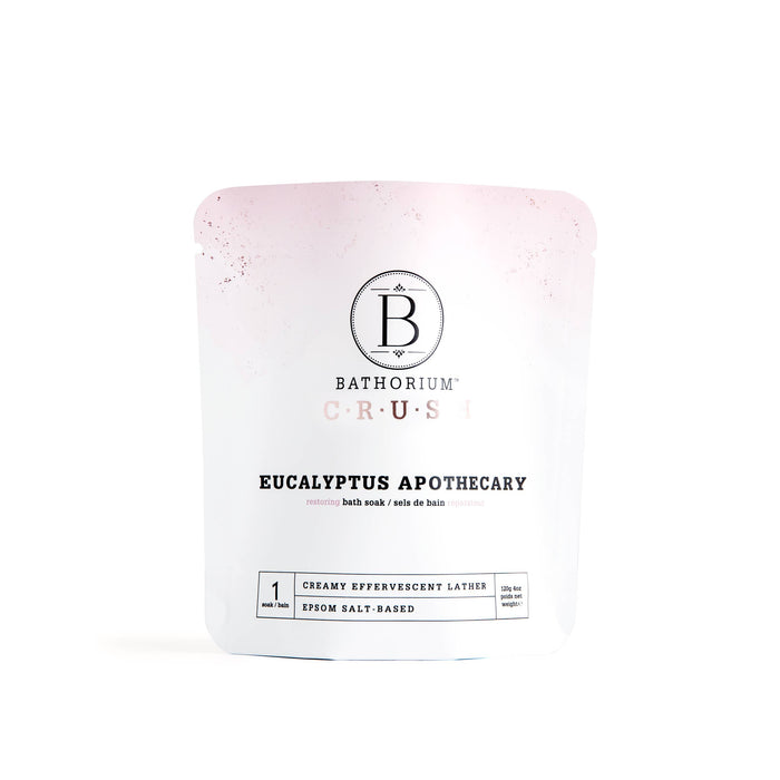 Bathorium Eucalyptus Apothecary Crush Bath Soak in 120g jar, showing a natural herbal bath product with eucalyptus leaves.