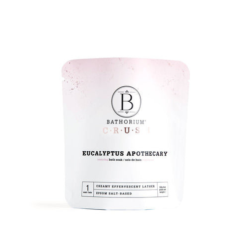Bathorium Eucalyptus Apothecary Crush Bath Soak in 120g jar, showing a natural herbal bath product with eucalyptus leaves.