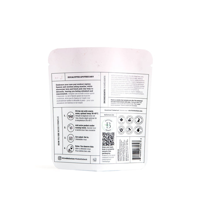 Bathorium Eucalyptus Apothecary Crush Bath Soak in 120g jar, featuring eucalyptus leaves and natural ingredients for relaxing bath.