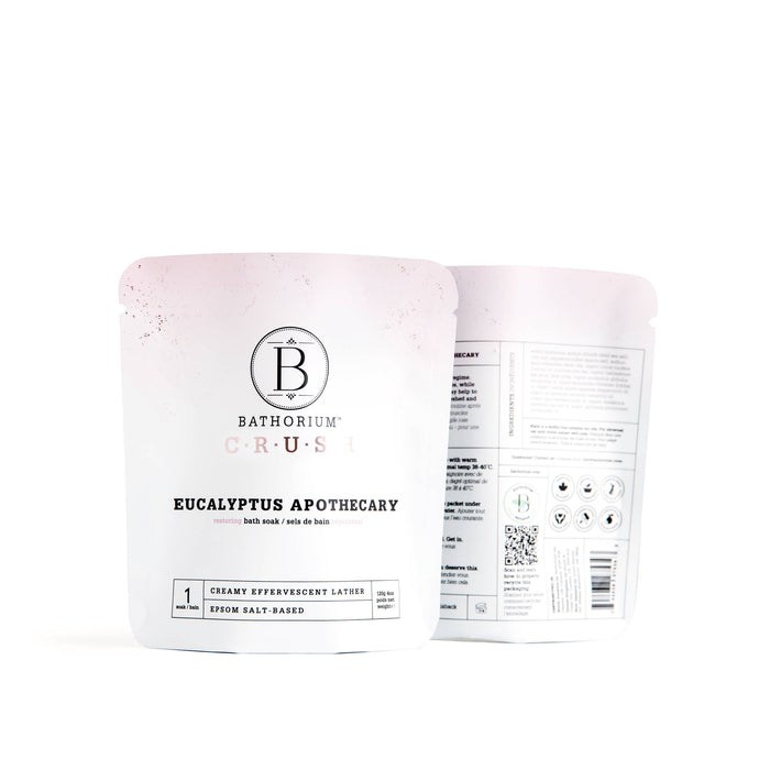 Bathorium Eucalyptus Apothecary Crush Bath Soak in 120g jar with fresh eucalyptus leaves and botanical ingredients for relaxing bath.