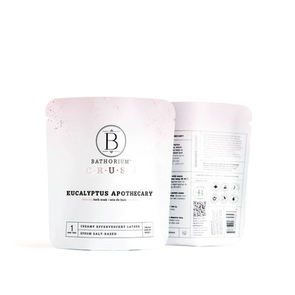 Bathorium Eucalyptus Apothecary Crush Bath Soak in 120g jar with fresh eucalyptus leaves and botanical ingredients for relaxing bath.