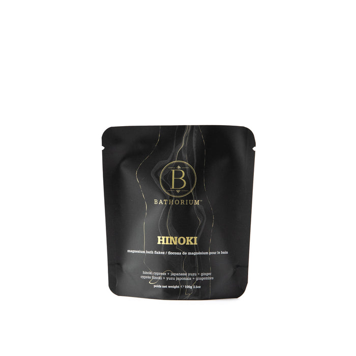 Bathorium Hinoki Magnesium Flake Soak in a jar, natural bath product for relaxing magnesium mineral bath.