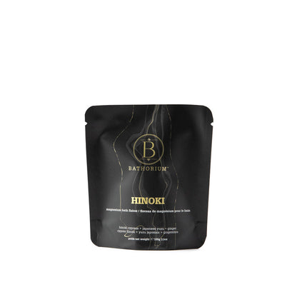 Bathorium Hinoki Magnesium Flake Soak in a jar, natural bath product for relaxing magnesium mineral bath.