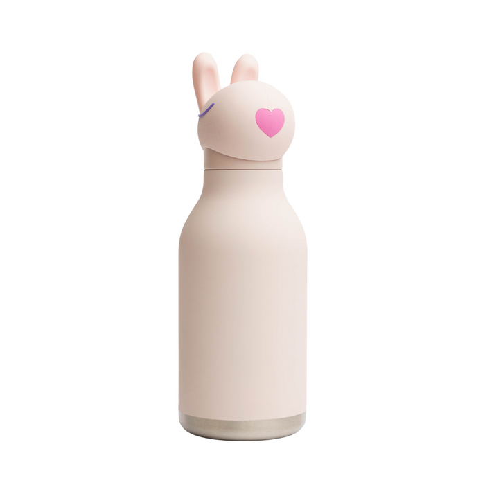 16oz bunny water bottle, cream body, pink heart on ear lid