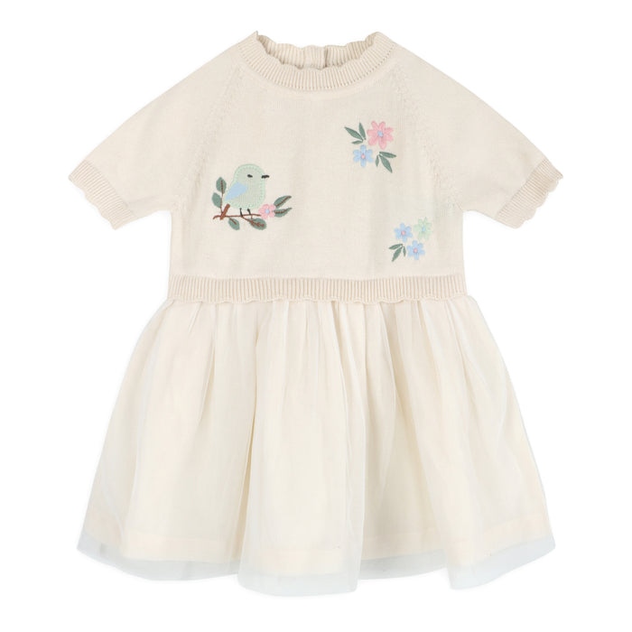 Bird Floral Embroidered Tutu Knit Baby Dress (Organic Cotton)