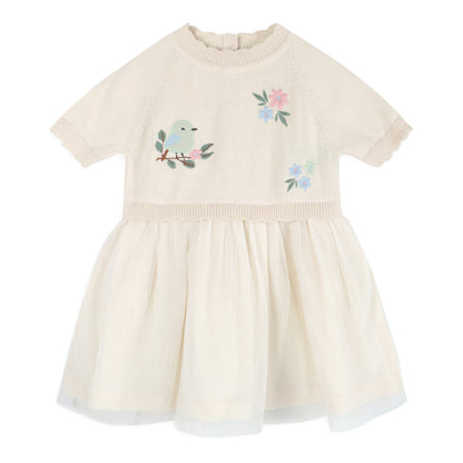 Bird Floral Embroidered Tutu Knit Baby Dress (Organic Cotton)