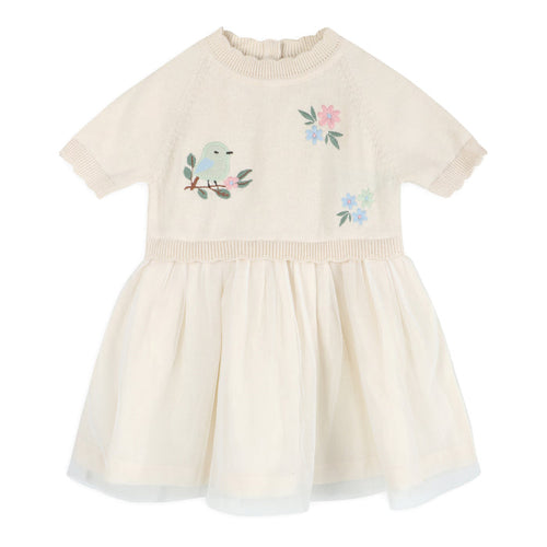 Bird Floral Embroidered Tutu Knit Baby Dress (Organic Cotton)