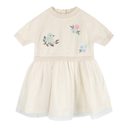 Bird Floral Embroidered Tutu Knit Baby Dress (Organic Cotton)