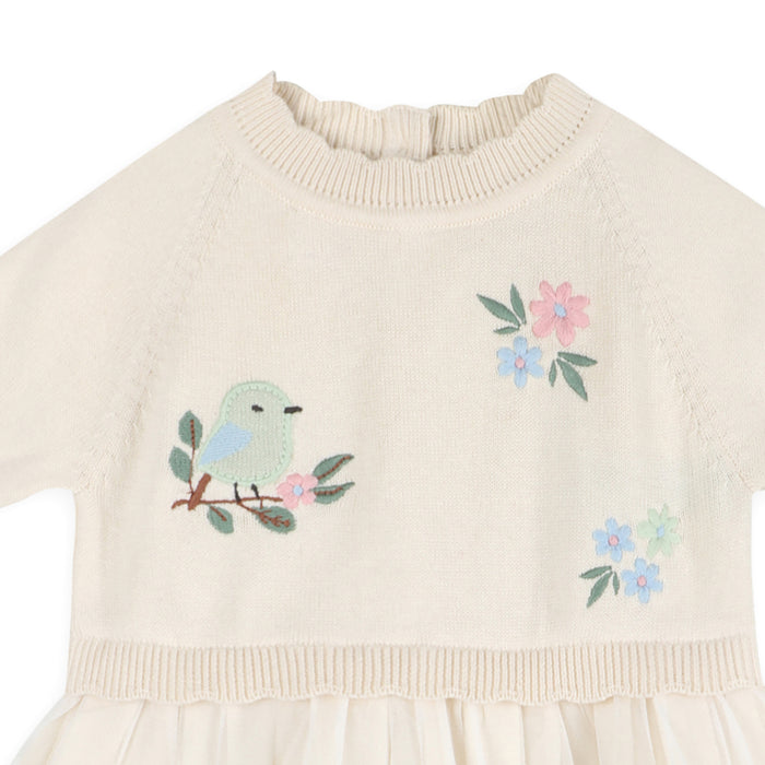 Bird Floral Embroidered Tutu Knit Baby Dress Detail (Organic Cotton)