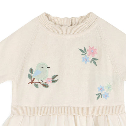Bird Floral Embroidered Tutu Knit Baby Dress Detail (Organic Cotton)