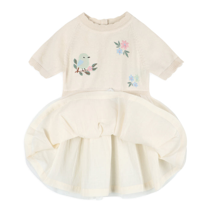 Bird Floral Embroidered Tutu Knit Baby Dress Layer (Organic Cotton)