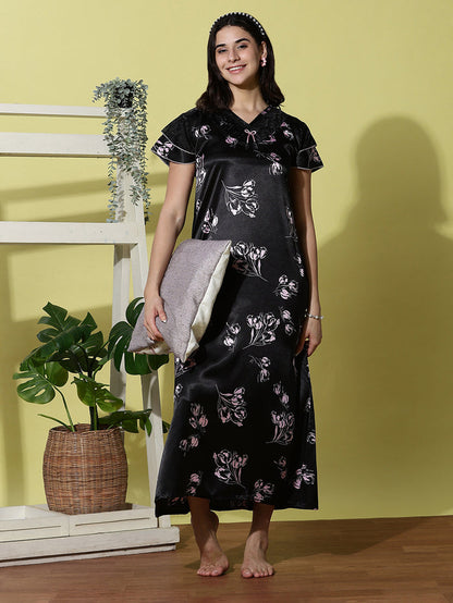Black Tulip Satin Designer Nighty for Women Elegant and Soft