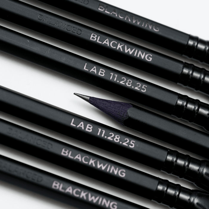 Blackwing pencils, featuring black wood, black barrel, black shiny imprint, black ferrule, and black eraser