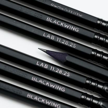 Blackwing pencils, featuring black wood, black barrel, black shiny imprint, black ferrule, and black eraser