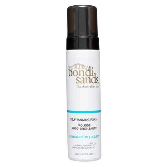 Bondi Sands Self Tanning Foam in three shades, smooth application, with a natural bronze finish, for a flawless glow.