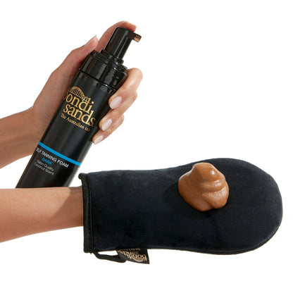 Bondi Sands self-tanning foam in three shades, featuring a beauty product with a pump dispenser and smooth foam texture.