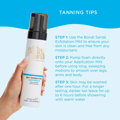 Bondi Sands Self Tanning Foam in three shades, featuring a tan application brush and packaging with a sleek design.