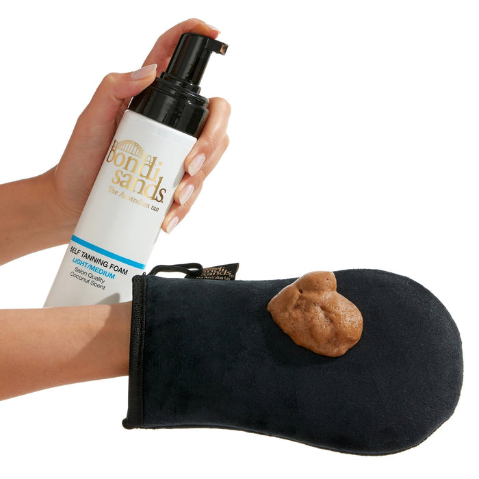 Bondi Sands self tanning foam in three shades, showing smooth application and natural bronze finish in a beauty product image.