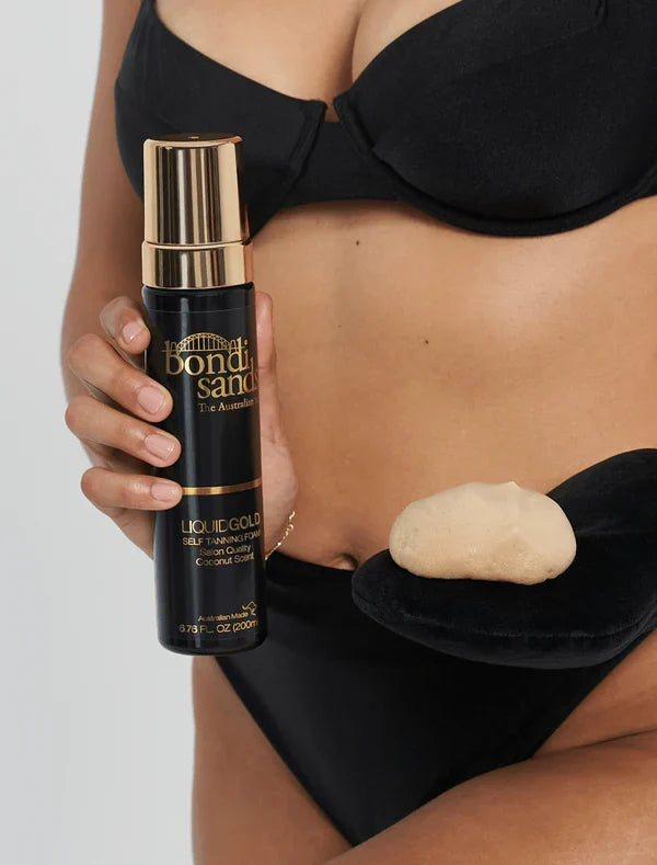 Bondi Sands Self Tanning Foam in three shades, showcasing the smooth foam texture and different color options for a natural tan.