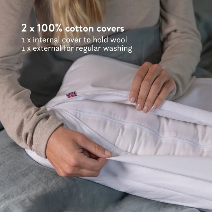 British Wool Contour Pillow - Natural, Anti-Allergy, Luxury Putnams Chemical free UK Best Wool pillow 100% cotton OEKO tex standard 100 handmade in the UK