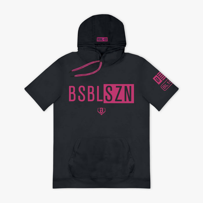 Black hoodie with pink 'BSBLSZN' text on a white background