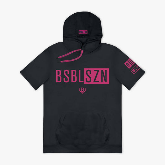 Black hoodie with pink 'BSBLSZN' text on a white background