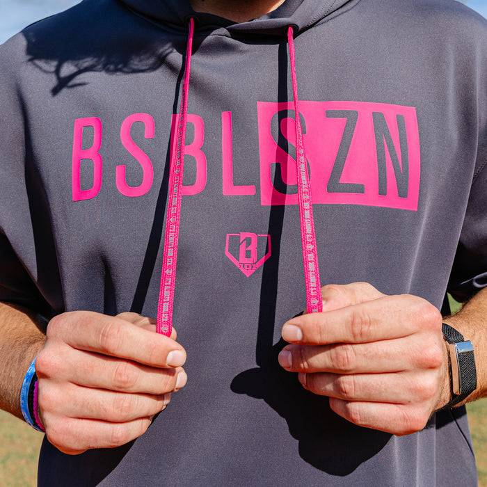 Adult model wearing black BSBL-SZN Dark Gray short sleeve hoodie