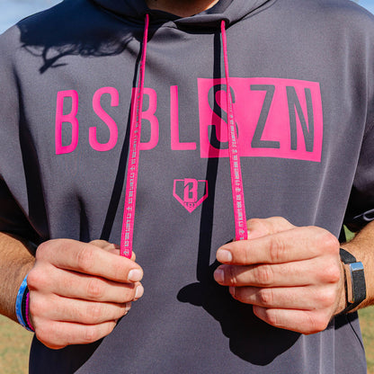 Adult model wearing black BSBL-SZN Dark Gray short sleeve hoodie